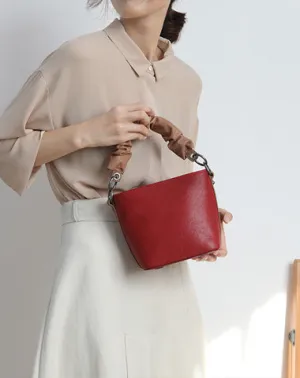 Stylish Leather Red Bucket Handbag Shoulder Bag Barrel Purse For Women cheap online