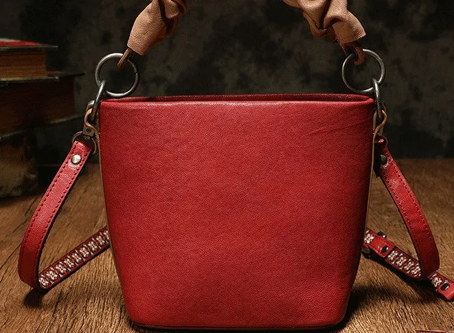 Stylish Leather Red Bucket Handbag Shoulder Bag Barrel Purse For Women