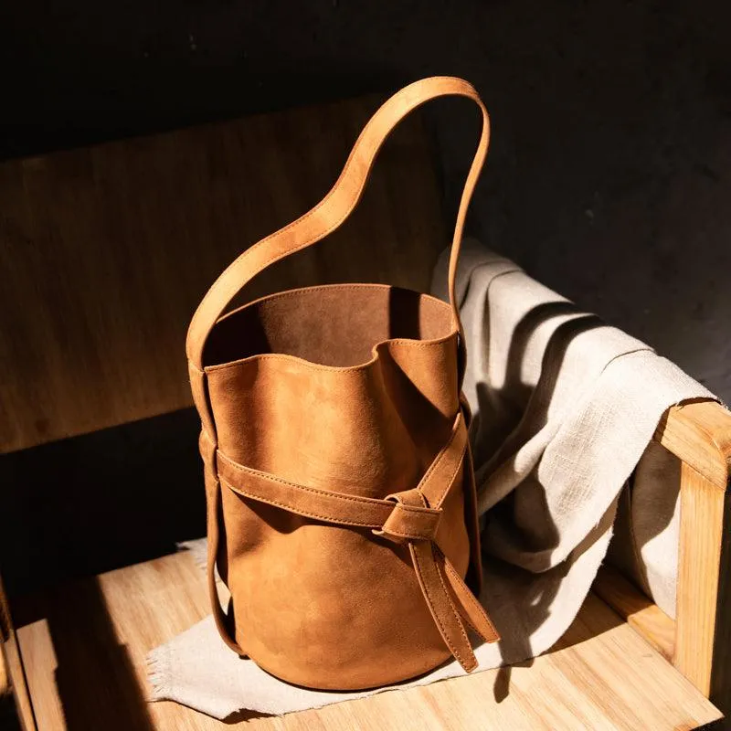 Suede Women's Bucket Bag in a Laid-back Style | Large Tote Bag for Commuting, Vintage Bucket bag in genuine leather