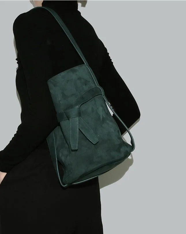 Suede Women's Bucket Bag in a Laid-back Style | Large Tote Bag for Commuting, Vintage Bucket bag in genuine leather