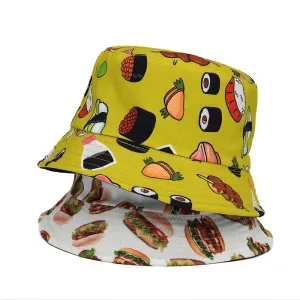 Sushi Burger Food Bucket Hat boater hat with bow in beach sunlight