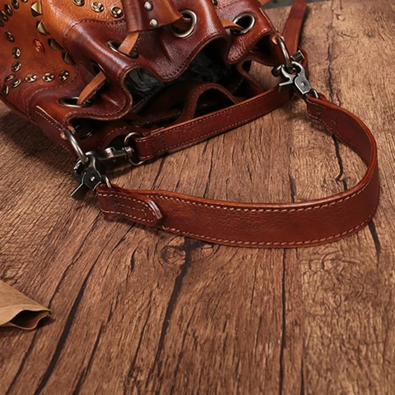 Tan Leather Womens Bucket Handbag Shoulder Bag Studded Western Brown Leather Shoulder Barrel Bag Purse