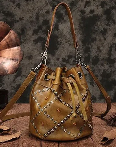 Tan Leather Womens Bucket Handbag Shoulder Bag Studded Western Brown Leather Shoulder Barrel Bag Purse cheap online