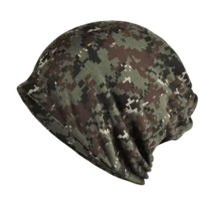 Taylor Pixels Camouflage Snood Beanie boater hat with bow in beach sunlight