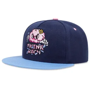 Think Rich Brain Navy Blue Snapback Cap boater hat with bow in beach sunlight