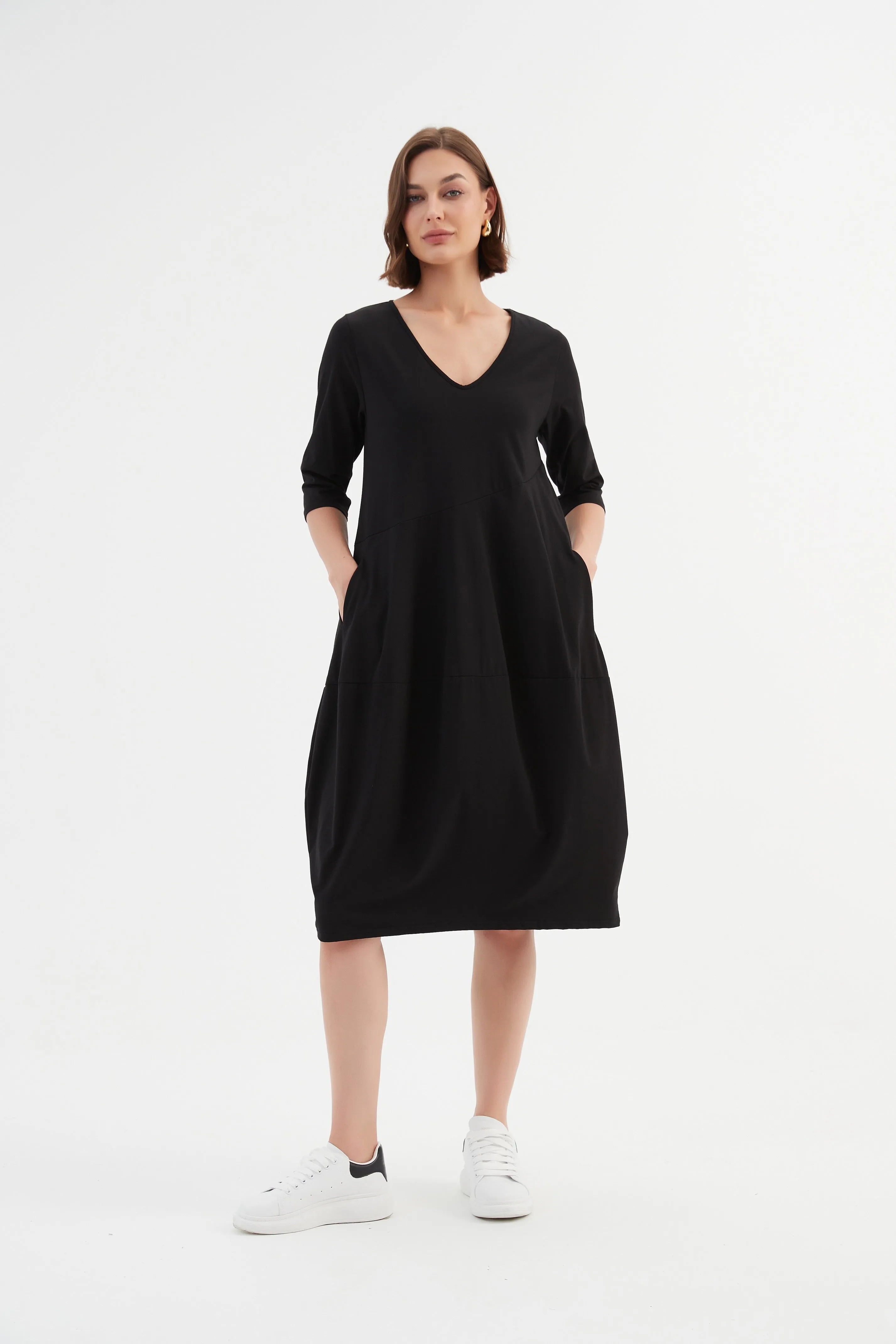 Tirelli - 24D3512 V Neck Diagonal Seam Dress