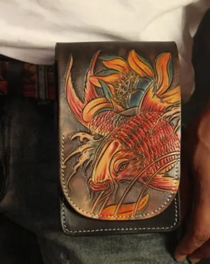 Tooled Carp Handmade Leather Mens Belt Pouch Waist Bag Belt Phone Bag Mobile Bag For Men Red Fish