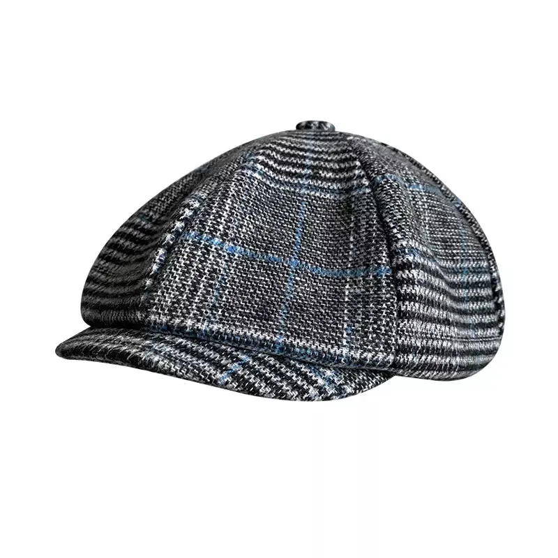 Touraine Plaid Wool Newsboy Cap boater hat with bow in beach sunlight