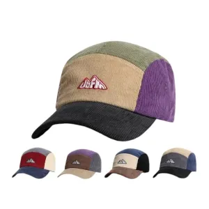 UOFM Corduroy 5 Panels Cap boater hat with bow in beach sunlight