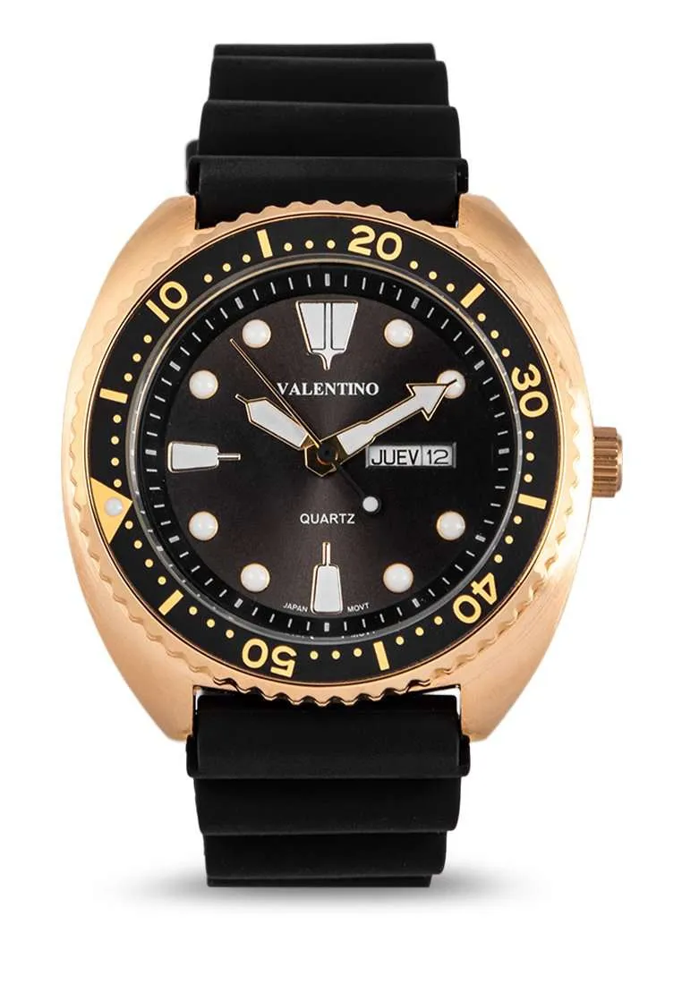 Valentino 20122313-GOLD CASE-BLK DL Rubber Strap Watch for Men Affordable casual watches Sporty casual watches Affordable luxury casual watches