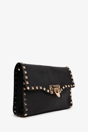Valentino Black Grained Leather Rockstud Flap Crossbody anti-theft crossbody bags sale