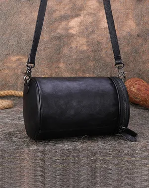 Vintage Black Gray Leather Womens Barrel Shoulder Bag Bucket Crossbody Purse for Women cheap online