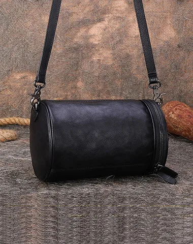 Vintage Black Gray Leather Womens Barrel Shoulder Bag Bucket Crossbody Purse for Women cheap online