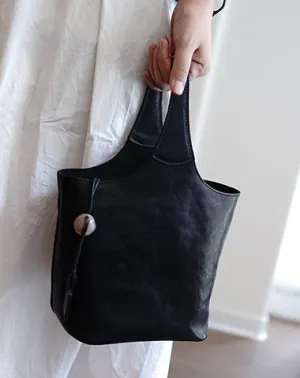 Vintage Black Leather Small Bucket Handbag Women Handmade Small Barrel Bag for Women cheap online