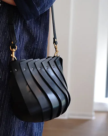 Vintage Black Leather Splicing Bucket Handbag Women Handmade Small Shoulder Bag for Women cheap online