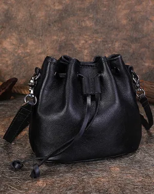 Vintage Black Leather Womens Bucket Shoulder Bags Bucket Crossbody Purse for Women cheap online