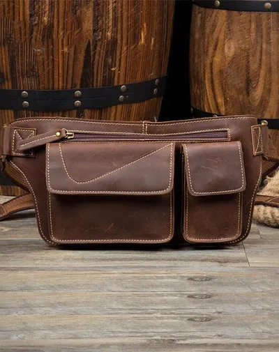 Vintage Brown Leather Fanny Pack Mens Waist Bags Hip Pack Belt Bags Bumbags for Men Brown