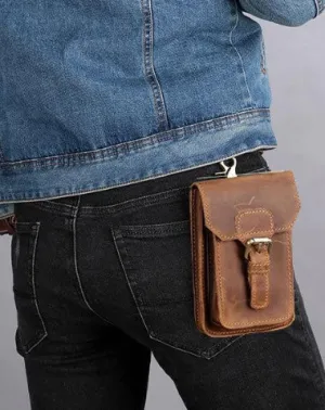 Vintage Brown Leather Men's Belt Pouch Cell Phone Holster Waist Bag For Men Brown