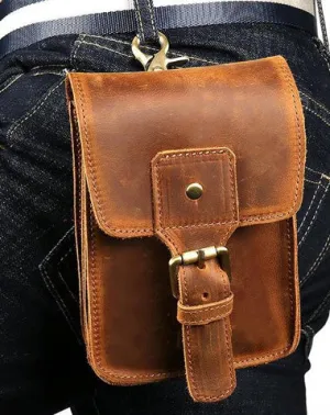 Vintage Brown Leather Men's Belt Pouch Cell Phone Waist Holster Belt Bag For Men Brown
