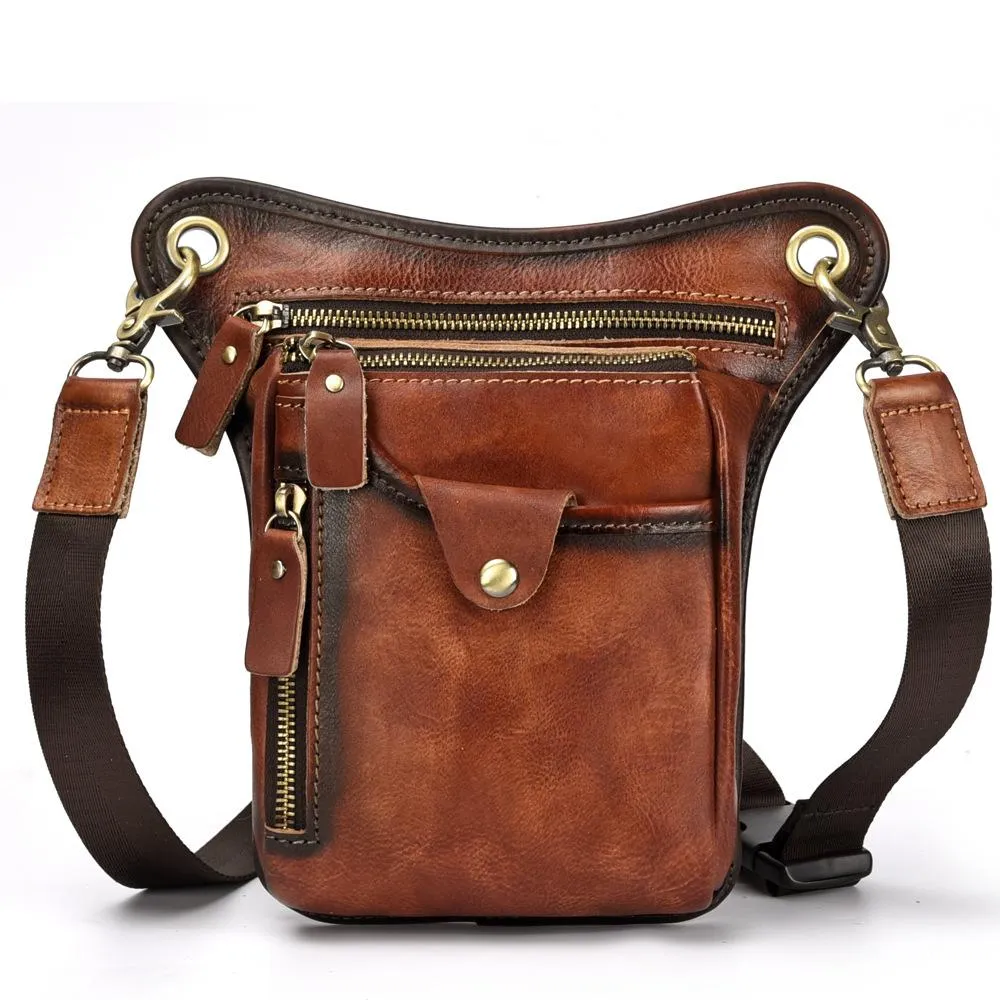 Vintage Brown Leather Men's CELL PHONE HOLSTER MINI SIDE BAG Waist BELT POUCH Drop Leg Bag For Men