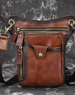Vintage Brown Leather Men's CELL PHONE HOLSTER MINI SIDE BAG Waist BELT POUCH Drop Leg Bag For Men Brown