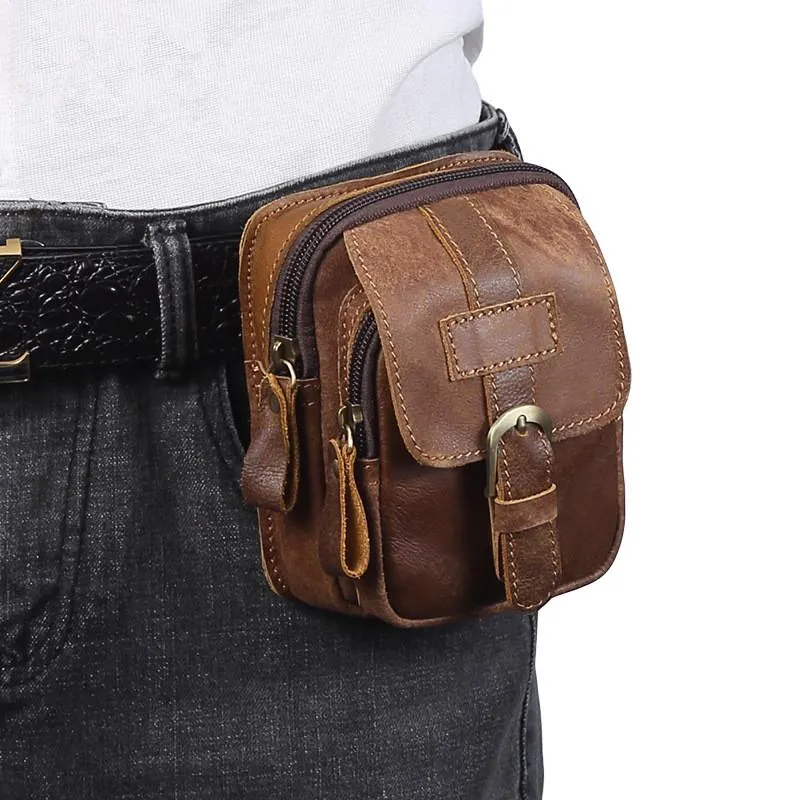 Vintage Brown Leather Men's Cell Phone Holster Waist Belt Pouch Belt Bag For Men