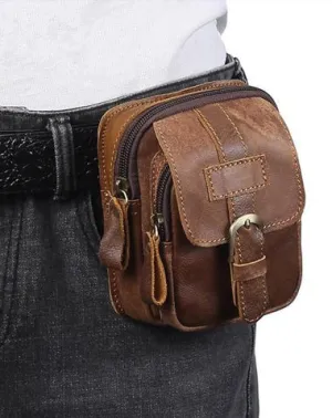 Vintage Brown Leather Men's Cell Phone Holster Waist Belt Pouch Belt Bag For Men Buckle Brown