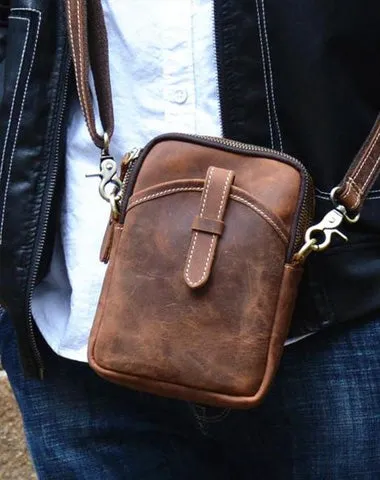 Vintage Brown Leather Men's Cell Phone Holsters Brown Waist Belt Pouch Mini Side Bag For Men Brown