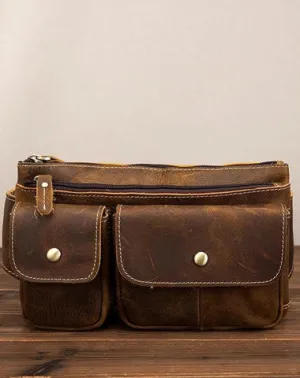 Vintage Brown Leather Men's Fanny Pack Hip Pack Brown Chest Bag Waist Bags For Men Brown