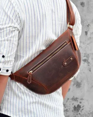 Vintage Brown Leather Men's Fanny Pack Hip Pack Waist Bag For Men Red Brown