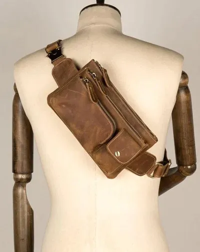 Vintage Brown Leather Mens Fanny Pack Waist Bag Coffee Hip Pack Belt Bag Bumbag for Men Coffee