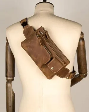 Vintage Brown Leather Mens Fanny Pack Waist Bag Coffee Hip Pack Belt Bag Bumbag for Men Coffee