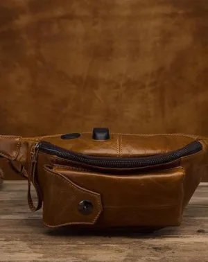 Vintage Brown Leather Men's Fanny Packs Hip Pack Waist Bag For Men Brown
