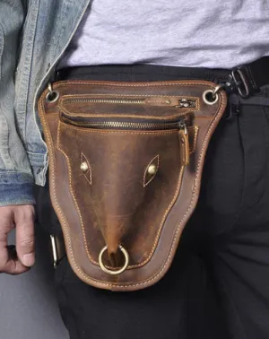 Vintage Brown LEATHER MEN'S Ox Fanny Pack Waist Bag Side Bag Drop Leg Biker Bag For Men Vintage Brown