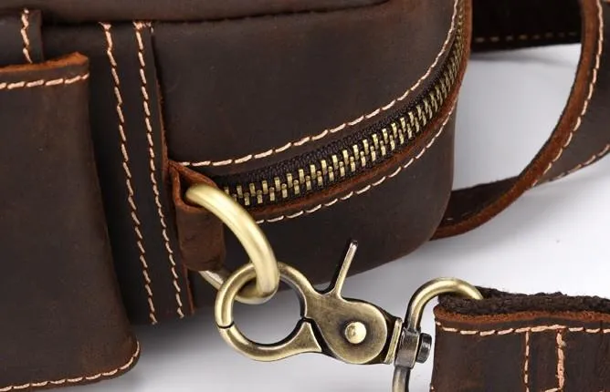 Vintage Brown Leather Mens Small Side Bag Tablet Bag Waist Belt Bag Camera Bag For Men