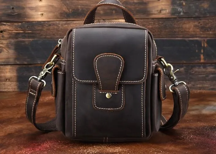 Vintage Brown Leather Mens Small Side Bag Tablet Bag Waist Belt Bag Camera Bag For Men