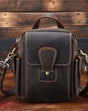 Vintage Brown Leather Mens Small Side Bag Tablet Bag Waist Belt Bag Camera Bag For Men Dark Brown