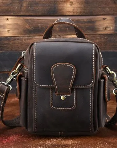 Vintage Brown Leather Mens Small Side Bag Tablet Bag Waist Belt Bag Camera Bag For Men Dark Brown