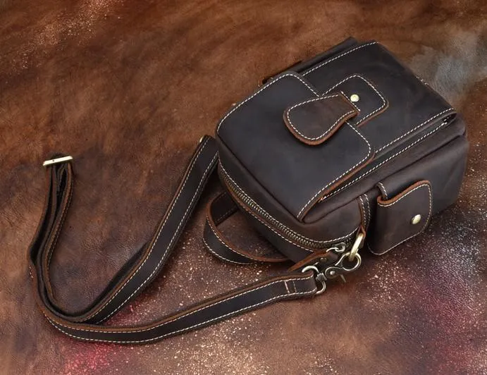 Vintage Brown Leather Mens Small Side Bag Tablet Bag Waist Belt Bag Camera Bag For Men