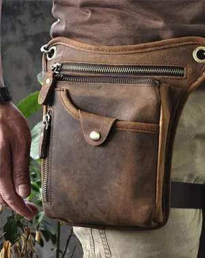 Vintage Brown Leather Men's Waist Belt Pouch Drop Leg Bags Small Side Bag For Men Brown
