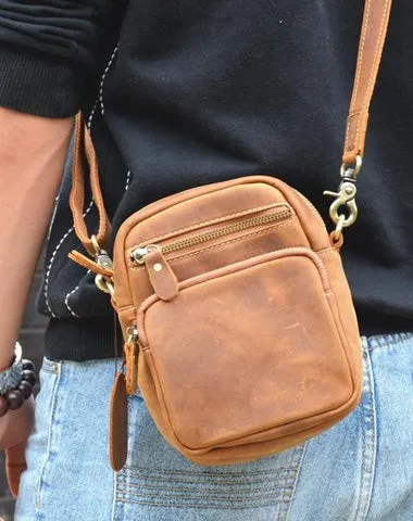 Vintage Brown Leather Men's Waist Belt Pouches Cell Phone Holsters Mini Side Bag For Men Brown