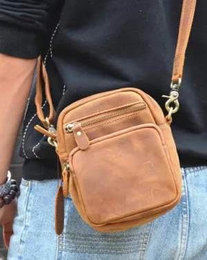 Vintage Brown Leather Men's Waist Belt Pouches Cell Phone Holsters Mini Side Bag For Men Brown