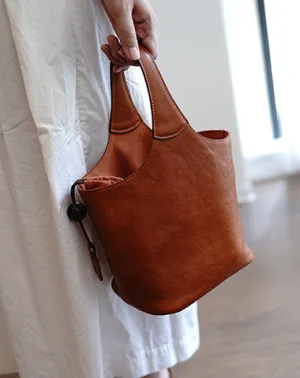 Vintage Brown Leather Small Bucket Handbag Women Handmade Small Barrel Bag for Women cheap online
