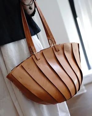 Vintage Brown Leather Splicing Bucket Handbag Tote Women Handmade Shoulder Tote Bag for Women cheap online