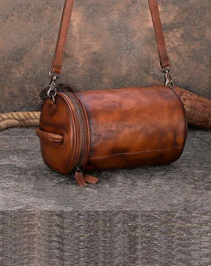 Vintage Brown Leather Womens Barrel Shoulder Bag Bucket Crossbody Purse for Women cheap online