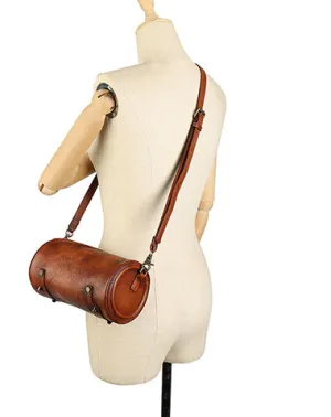 Vintage Brown Leather Womens Barrel Shoulder Bag Bucket Crossbody Purse for Women cheap online