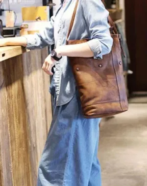 Vintage Brown Womens Leather Vertical Tote Bucket Bag Tan Large Barrel Tote Bag for Ladies cheap online