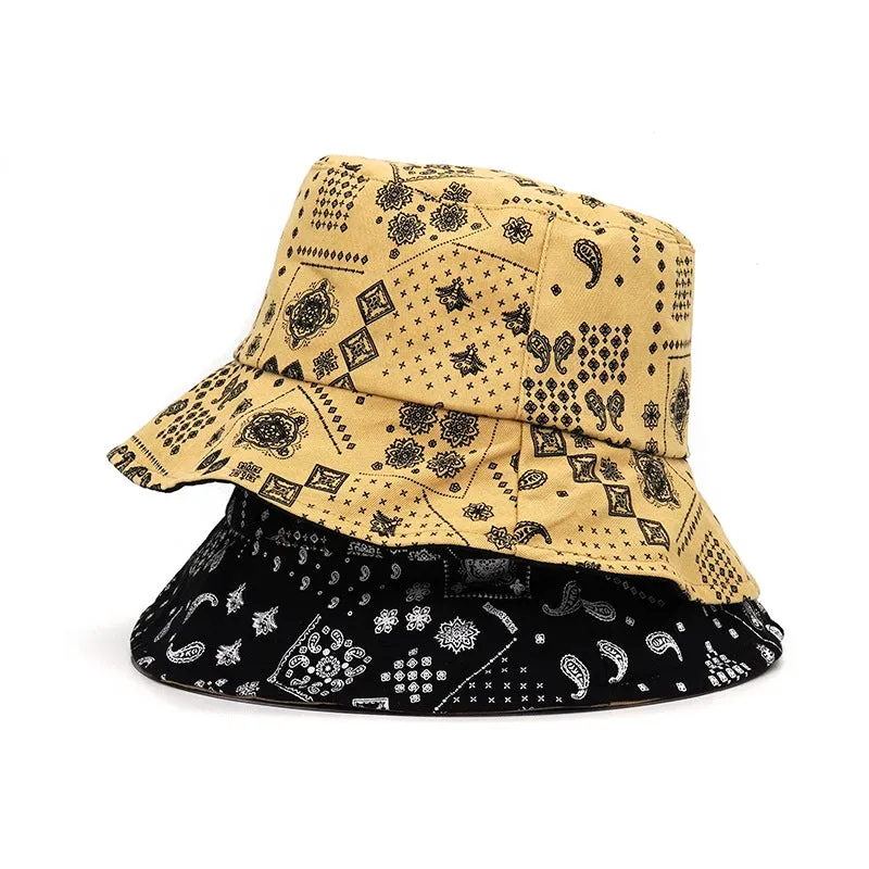 Vintage Cashew Flowers Bucket Hat boater hat with bow in beach sunlight