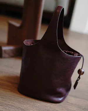 Vintage Coffee Leather Small Bucket Handbag Women Handmade Small Barrel Bag for Women cheap online