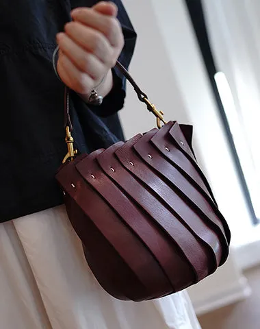Vintage Coffee Leather Splicing Bucket Handbag Women Handmade Small Shoulder Bag for Women cheap online